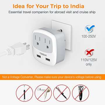TESSAN US to India Plug Adapter, Type D Travel Adaptor with 2 USB Charger Ports 2 American Outlets, USA to Indian Power Converter for Nepal Bangladesh Maldives Pakistan Tanzania Sri Lanka