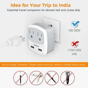 TESSAN US to India Plug Adapter, Type D Travel Adaptor with 2 USB Charger Ports 2 American Outlets, USA to Indian Power Converter for Nepal Bangladesh Maldives Pakistan Tanzania Sri Lanka