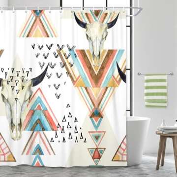 JAWO Western Boho Shower Curtain - Native Aztec Bull Skull Design with Hooks (69X70)