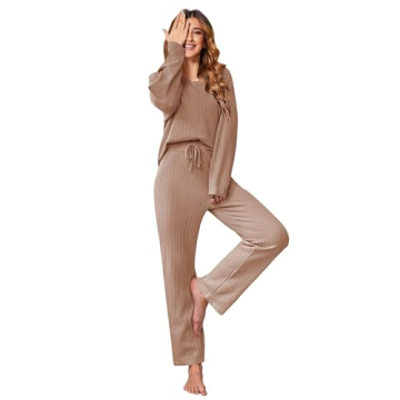 Ekouaer Women's Waffle Knit Pajama Sets - Cozy 2 Piece Lounge Set with Pockets