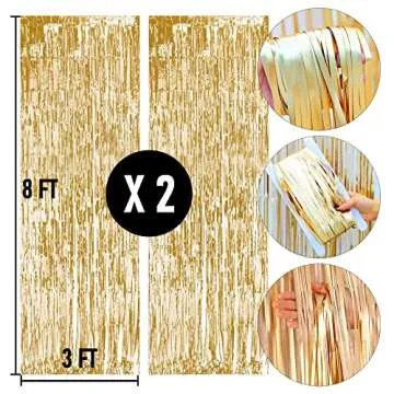 Dazzle Bright 2 Pack Backdrop Curtain, 3FT x 8FT Metallic Tinsel Foil Fringe Curtains Photo Booth Background for Baby Shower Party Birthday Wedding Engagement Bridal Shower (Champagne Gold)