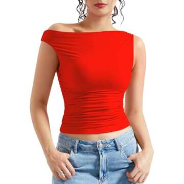 Stylish OMKAGI Women One Off Shoulder Y2K Crop Top - Double Lined Slim Fit Tee