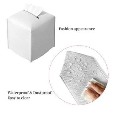 REGELETO Square Tissue Box Cover, Pu Leather Tissue Box Holder with Bottom Belt Modern Stylish Tissue Box Organizer for Bathroom, Bedroom, Hotel, Office Desk 5"X5"X5"-Off White