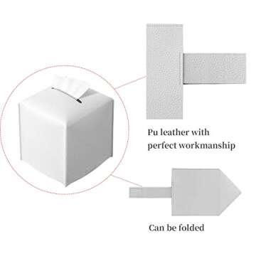 REGELETO Square Tissue Box Cover, Pu Leather Tissue Box Holder with Bottom Belt Modern Stylish Tissue Box Organizer for Bathroom, Bedroom, Hotel, Office Desk 5"X5"X5"-Off White