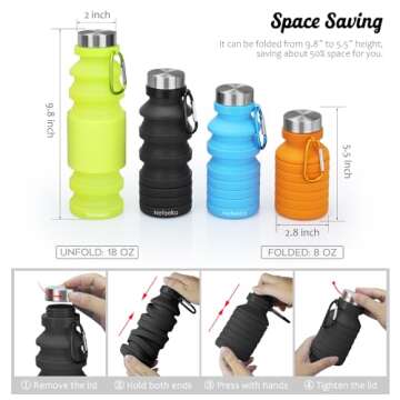 Nefeeko Collapsible Water Bottle, 18floz Reuseable BPA Free Silicone Foldable Bottles for Travel Gym Camping Hiking, Portable Leak Proof Sports Water Bottle with Carabiner