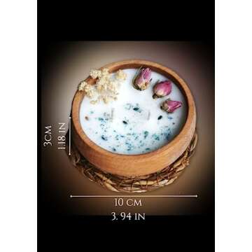 Vanilla Scented Handmade All Natural Soy Candle -10x3 cm Decorative Wooden Bowl with Dried Flowers & Wicker Mat by PAFULI (Pink 1)