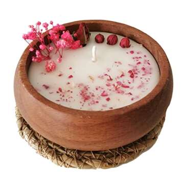 Vanilla Scented Handmade All Natural Soy Candle -10x3 cm Decorative Wooden Bowl with Dried Flowers & Wicker Mat by PAFULI (Pink 1)