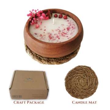 Vanilla Scented Handmade All Natural Soy Candle -10x3 cm Decorative Wooden Bowl with Dried Flowers & Wicker Mat by PAFULI (Pink 1)
