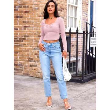 Trendy Queen Womens Long Sleeve Going Out Crop Tops Sweetheart Neck Cute Y2k T Shirts Side Slit Tees...