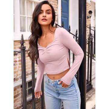 Trendy Queen Womens Long Sleeve Going Out Crop Tops Sweetheart Neck Cute Y2k T Shirts Side Slit Tees, Pink, M