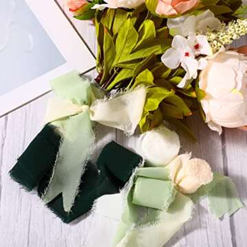 4 Rolls Fringe Chiffon Silk Ribbon 1.5" x 7yd Wedding Ribbon Boho Sari Ribbon for Bouquets,Gifts Wrapping,Wedding Invitations, Greeting Card,Bride Flower DIY Crafts (Pine Green)