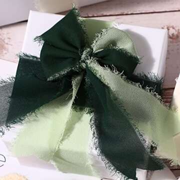 4 Rolls Fringe Chiffon Silk Ribbon 1.5" x 7yd Wedding Ribbon Boho Sari Ribbon for Bouquets,Gifts Wrapping,Wedding Invitations, Greeting Card,Bride Flower DIY Crafts (Pine Green)