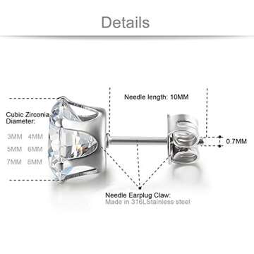 Jstyle Stud Earrings for Women Mens Stainless Steel Earrings, 3-8mm Round Cubic Zirconia Earrings Studs Ear Piercing Jewelry Set