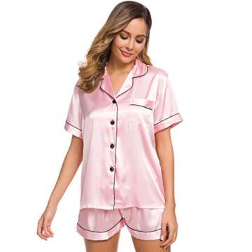 SWOMOG Womens Silk Satin Pajamas Set Two-piece Pj Sets Sleepwear Loungewear Button-Down Pj Sets