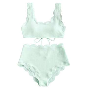 ZAFUL Women's Scalloped Textured High Waisted Bikini Scoop Neck Lace Up Tankini Set Two Piece Swimsuit Mint Green S