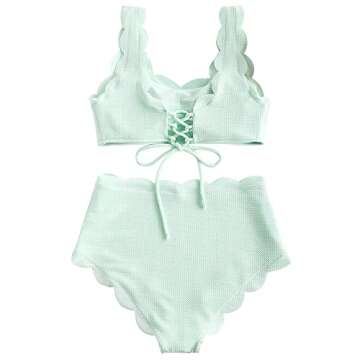 ZAFUL Women's Scalloped Textured High Waisted Bikini Scoop Neck Lace Up Tankini Set Two Piece Swimsuit Mint Green S
