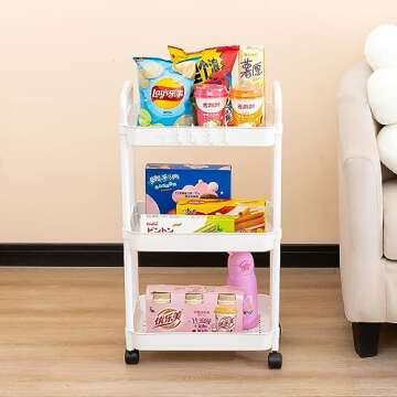 Gagee 3 Tier Rolling Cart with Wheels and Handle,Rolling Storage Cart for Office, Living Room, Laundry Room,Kitchen,Bathroom,White