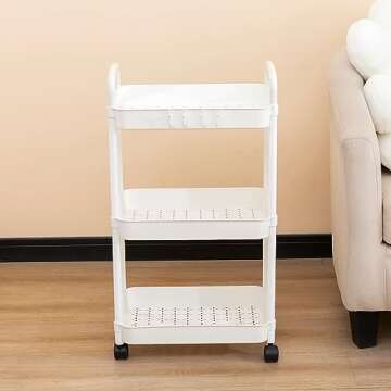 Gagee 3 Tier Rolling Cart with Wheels and Handle,Rolling Storage Cart for Office, Living Room, Laundry Room,Kitchen,Bathroom,White