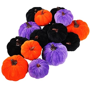 Set of 16 Assorted Faux Rustic Decorative Halloween Pumpkins Black Velvet Pumpkins Foam Pumpkins in Orange Purple Black for Farmhouse Fall Wedding Halloween Table Centerpiece Mantel Kitchen Decor
