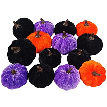 Set of 16 Assorted Faux Rustic Decorative Halloween Pumpkins Black Velvet Pumpkins Foam Pumpkins in Orange Purple Black for Farmhouse Fall Wedding Halloween Table Centerpiece Mantel Kitchen Decor