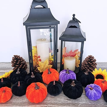 Set of 16 Assorted Faux Rustic Decorative Halloween Pumpkins Black Velvet Pumpkins Foam Pumpkins in Orange Purple Black for Farmhouse Fall Wedding Halloween Table Centerpiece Mantel Kitchen Decor