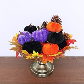 Set of 16 Assorted Faux Rustic Decorative Halloween Pumpkins Black Velvet Pumpkins Foam Pumpkins in Orange Purple Black for Farmhouse Fall Wedding Halloween Table Centerpiece Mantel Kitchen Decor