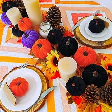 Set of 16 Assorted Faux Rustic Decorative Halloween Pumpkins Black Velvet Pumpkins Foam Pumpkins in Orange Purple Black for Farmhouse Fall Wedding Halloween Table Centerpiece Mantel Kitchen Decor