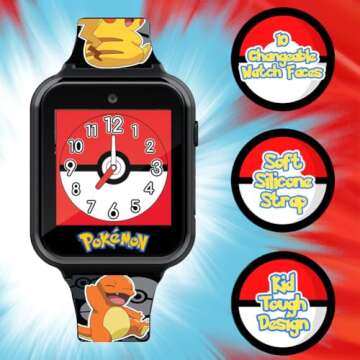 Accutime Kids Pokémon Pikachu Black Digital LED Quartz Wrist-Watch with Camera, Alarm, Timer, Stopwatch, and Games for Boys, Girls, and Toddlers