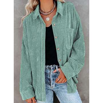 Womens Corduroy Casual Lapel Button Down Shirt Boyfriend Long Sleeve Blouses Green Medium