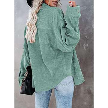 Womens Corduroy Casual Lapel Button Down Shirt Boyfriend Long Sleeve Blouses Green Medium
