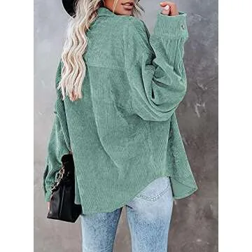 Womens Corduroy Casual Lapel Button Down Shirt Boyfriend Long Sleeve Blouses Green Medium