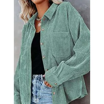 Womens Corduroy Casual Lapel Button Down Shirt Boyfriend Long Sleeve Blouses Green Medium