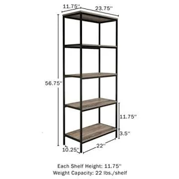 Lavish Home 5-Tier Bookshelf - Open Industrial Style Etagere Wooden Shelving Unit - Rustic Decoratio...