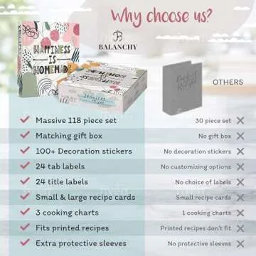 Balanchy 118 pc, 8.5"x11" 3-Ring Recipe Binder Organizer Kit to Write Your Own Recipes Binder Kit with Cards, Dividers, DIY Recipe Binder Cookbook, Protective Sleeves, Recipe Box, Cards & Labels