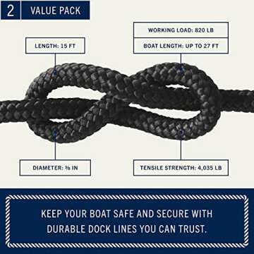 Rainier Supply Co. Boat Dock Lines & Rope -2pk 15ft x 3/8" or 25ft x 1/2", Boat Ropes for Docking - ...