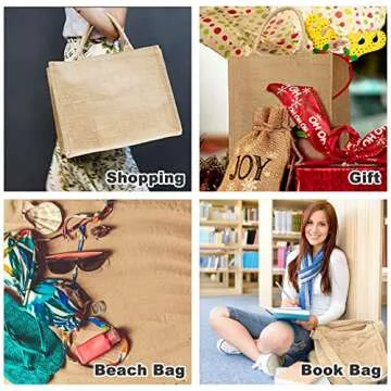 BeeGreen 8 Pack Burlap Jute Tote Bags Bulk X-Large Beach with Inner Zipper Pocket & Handles W16.5“×H13”×D7.25“ Blank for Teacher Mother Bridesmaid Wedding DIY Decoration