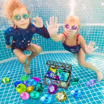 Diving Gem Pool Toy 10PCS DISHIO Big Colorful Diamond Diving Toy with Treasure Box Chest Pirate Pool Toys for Kids Toddlers Underwater Sinking Dive Gemstone for Swimming Bath Birthday Party Decoration