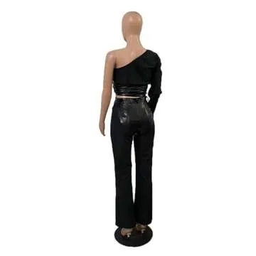 SOMTHRON Women's Faux Leather 2 Piece Outfits Bodycon One Shoulder Crop Tops and Wide Leg Patchwork Long Pants Set BL-L