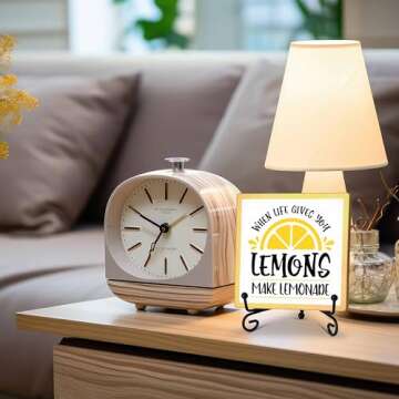 Zmyollo Funny Kitchen Desk Decor Sign, Lemons Wooden Sign With Stand, When Life Gives You Lemons Make Lemonade Sign For Farmhouse Home Kitchen Shelf Table, Inspirational Gifts For Woman Man, C29