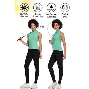 Sleeveless Golf Polo Shirts for Women Dry Fit Mock Neck T Shirts Zip Collar Ladies Clothes Moisture Wicking Collared Tennis Shirts Stretch SPF 50+ Tank Top Slim Fit Quick Dry Apparel Green