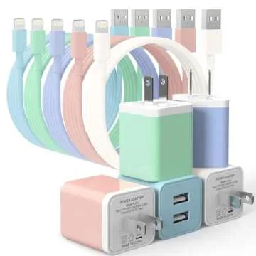 5Pack iPhone Charger [MFi Certified], iGENJUN Dual Port USB Wall Charger Block Adapter with 6FT Lightning Cable Fast Charging Data Sync Cords for iPhone 14 13 12 11 Pro Max XR XS Plus-Multicolor