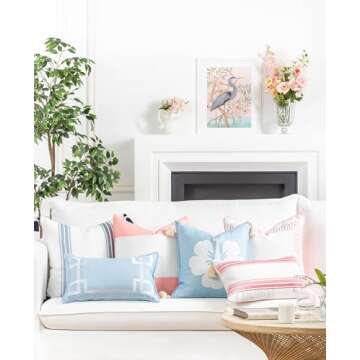 Hofdeco Premium Coastal Patio Indoor Outdoor Throw Pillow Cover Only, 20"x20" Water Repellent for Backyard, Couch, Blush Pink Embroidered Greek Key with Piping