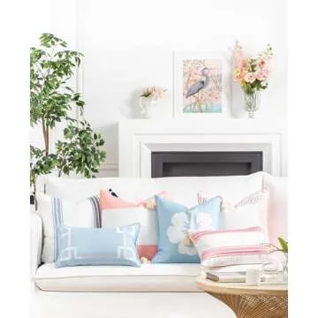 Hofdeco Premium Coastal Patio Indoor Outdoor Throw Pillow Cover Only, 20"x20" Water Repellent for Backyard, Couch, Blush Pink Embroidered Greek Key with Piping