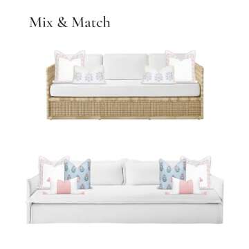 Hofdeco Premium Coastal Patio Indoor Outdoor Throw Pillow Cover Only, 20"x20" Water Repellent for Backyard, Couch, Blush Pink Embroidered Greek Key with Piping