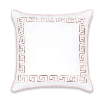 Hofdeco Premium Coastal Patio Indoor Outdoor Throw Pillow Cover Only, 20"x20" Water Repellent for Backyard, Couch, Blush Pink Embroidered Greek Key with Piping