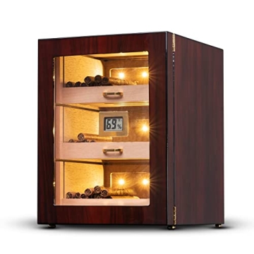 Woodronic LED Lighted Cigar Humidor Cabinet for 100-150 Cigars with Digital Hygrometer, Crystal Gel ...