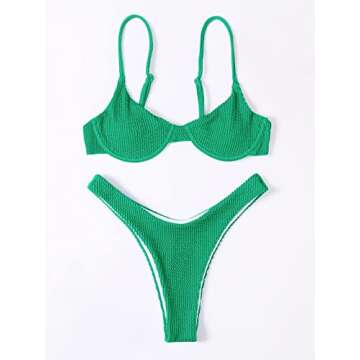 MakeMeChic Women's 2 Piece Bathing Suits Solid High Cut Bikini Set Underwire Swimsuits Green S