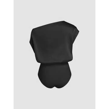 CIDER Women's French Riviera Vacation Satin Asymmetrical Neck Solid Ruched Bodysuit: Black, XX-Small