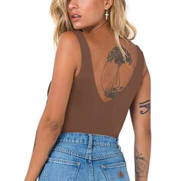 REORIA Summer Deep V Neck Sleeveless Bodysuit in X-Large