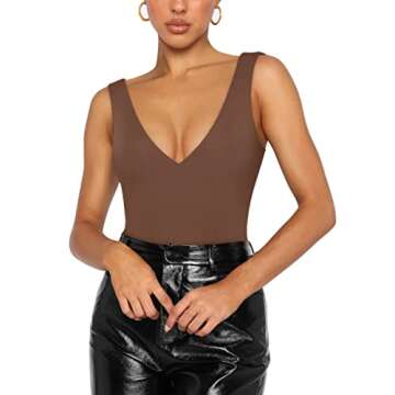 REORIA Summer Deep V Neck Sleeveless Bodysuit in X-Large